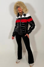 Black Shiny Puffer Faux Fur Hood Jacket With Red White Panel