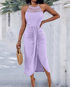 Halter Tie Criss Cross Front Knit Jacquard Textured Slit Dress Casual Hollow-out Draped Vacation Dress