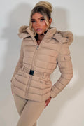 Puffer Padded Winter Jacket With Faux Fur Hood Beige