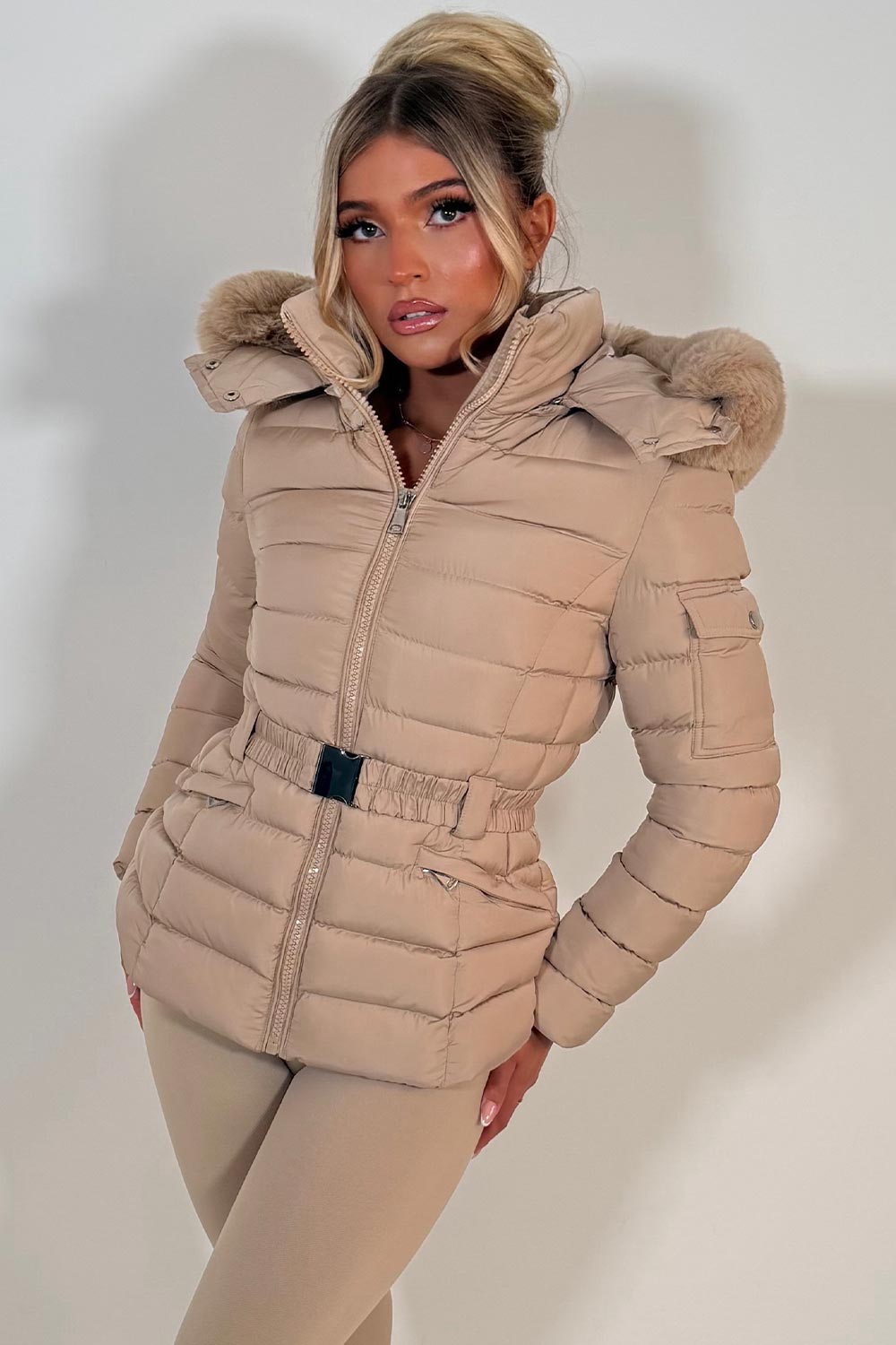 Puffer Padded Winter Jacket With Faux Fur Hood Beige