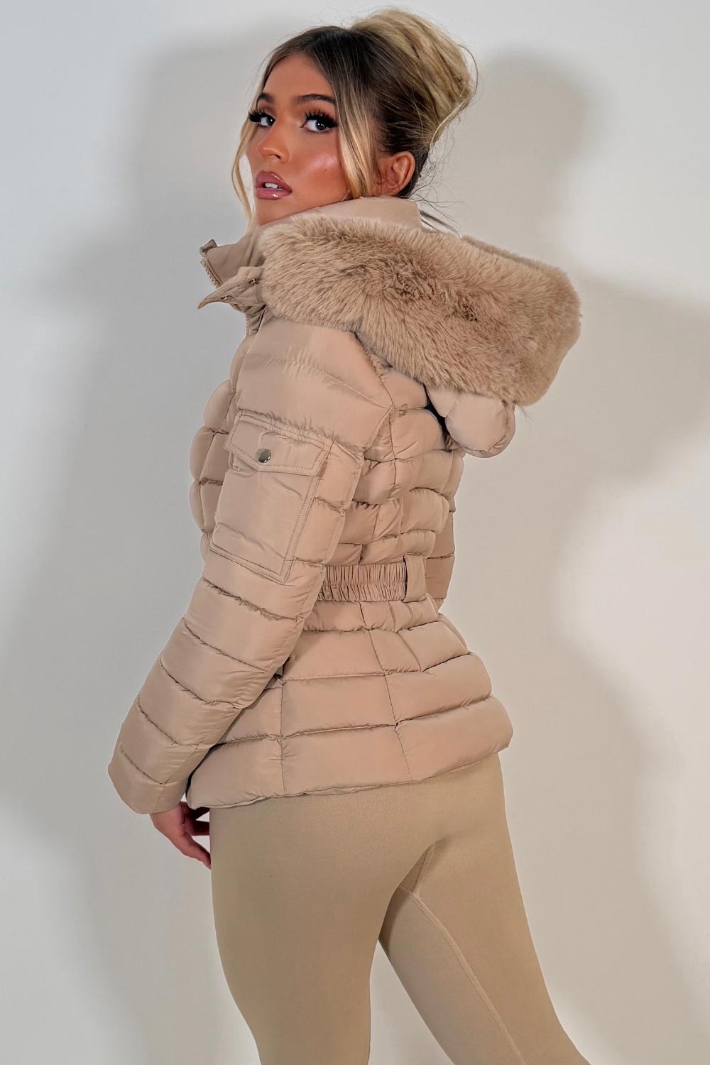 Puffer Padded Winter Jacket With Faux Fur Hood Beige
