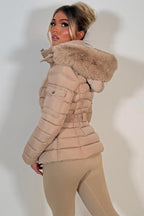 Puffer Padded Winter Jacket With Faux Fur Hood Beige