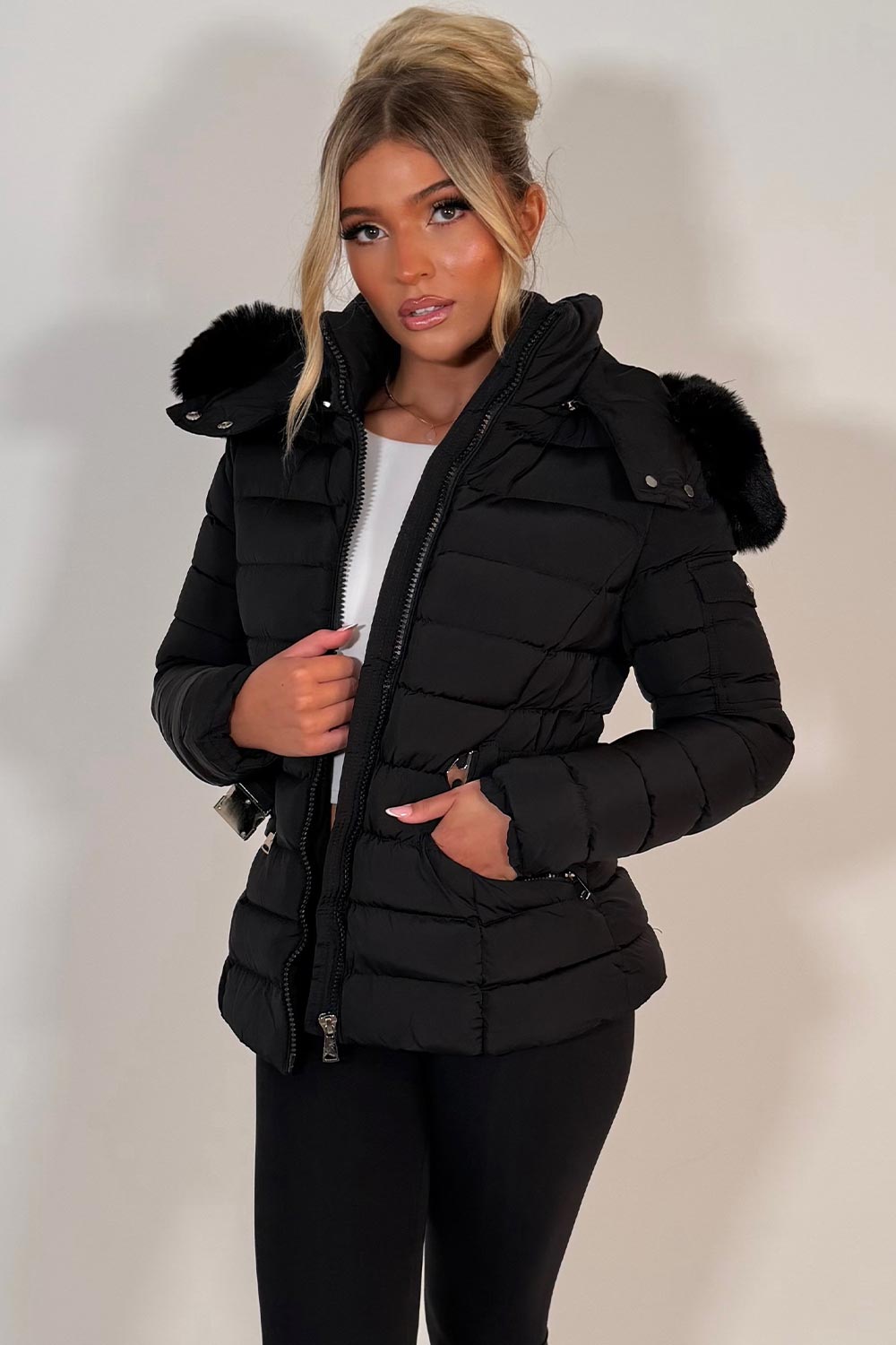 Black Puffer Padded Winter Jacket With Faux Fur Hood