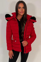 Puffer Padded Winter Jacket With Faux Fur Hood Red