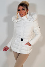 Puffer Padded Winter Jacket With Faux Fur Hood White
