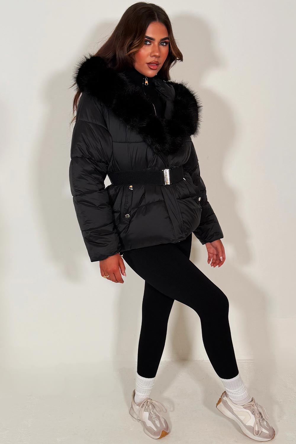 Black Faux Fur Hood Puffer Jacket With Belt