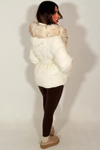 White Faux Fur Hood Puffer Jacket With Belt