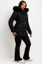 Black Puffer Coat With Faux Fur Hood And Belt