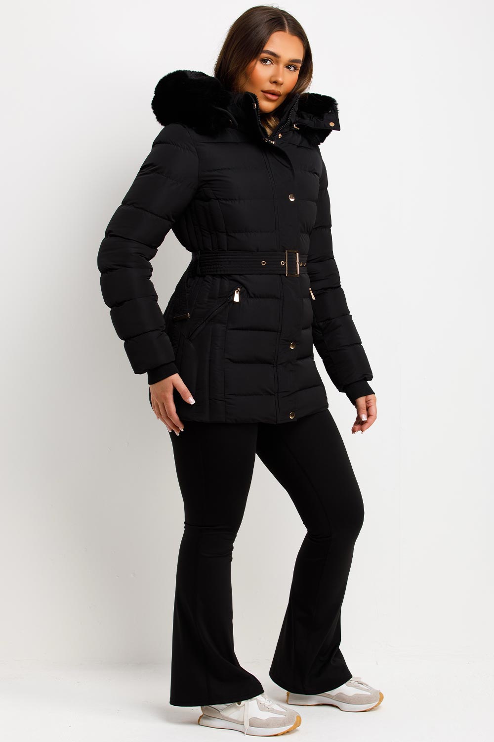 Black Puffer Coat With Faux Fur Hood And Belt