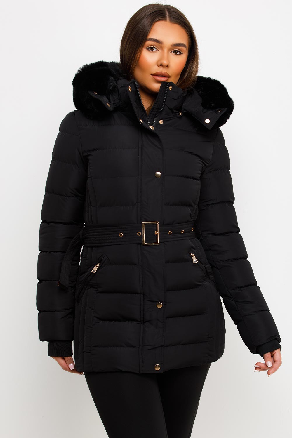 Black Puffer Coat With Faux Fur Hood And Belt