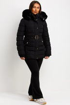 Black Puffer Coat With Faux Fur Hood And Belt