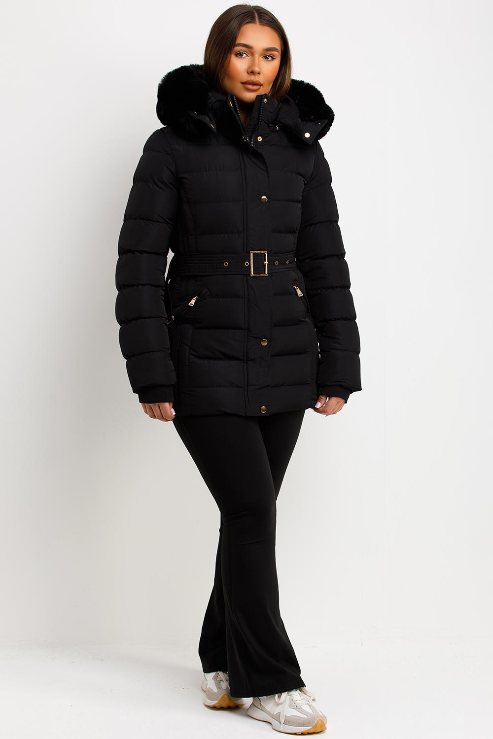 Black Puffer Coat With Faux Fur Hood And Belt