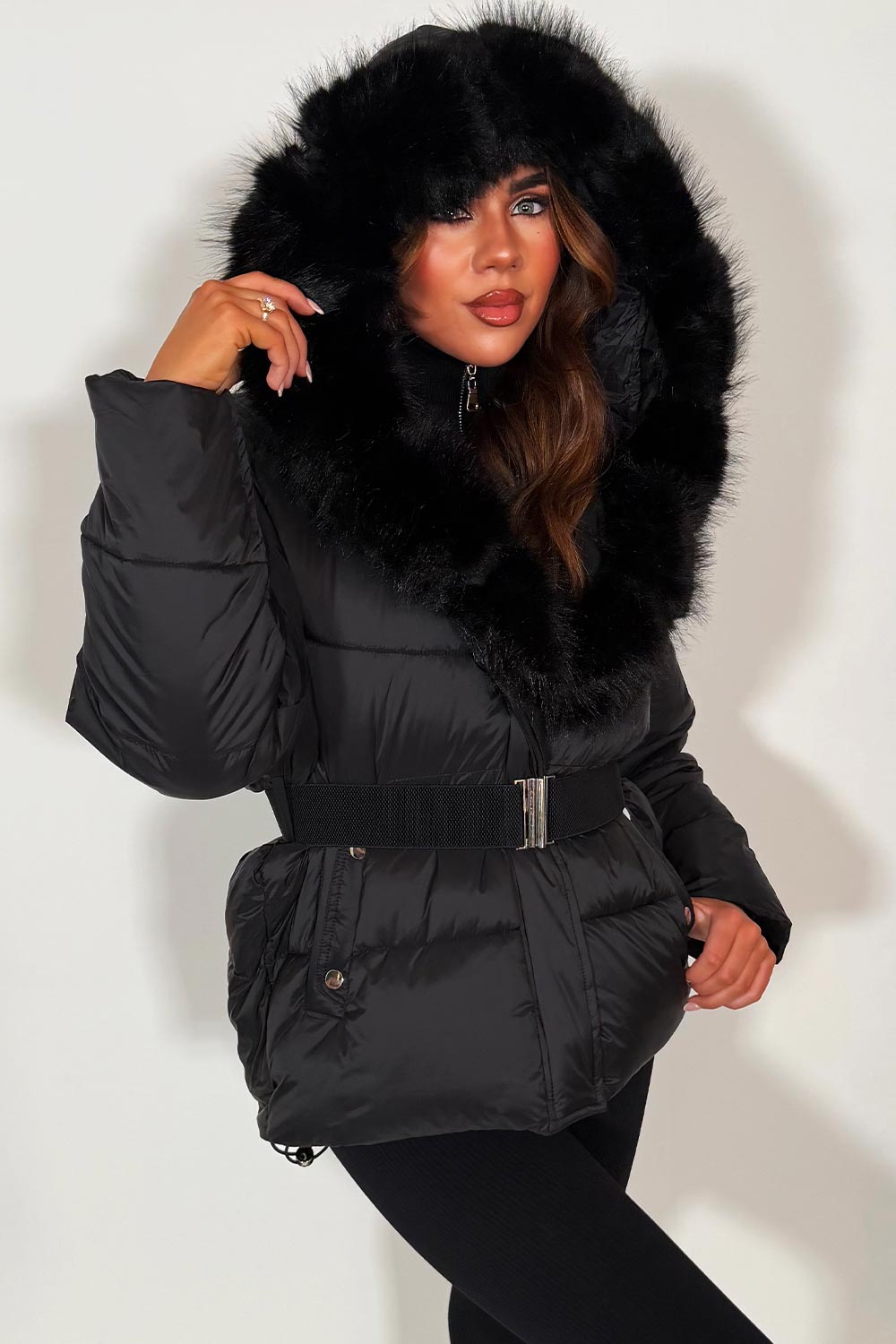 Black Faux Fur Hood Puffer Jacket With Belt