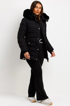 Black Puffer Coat With Faux Fur Hood And Belt