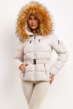 Faux Fur Hood Puffer Jacket With Belt Beige
