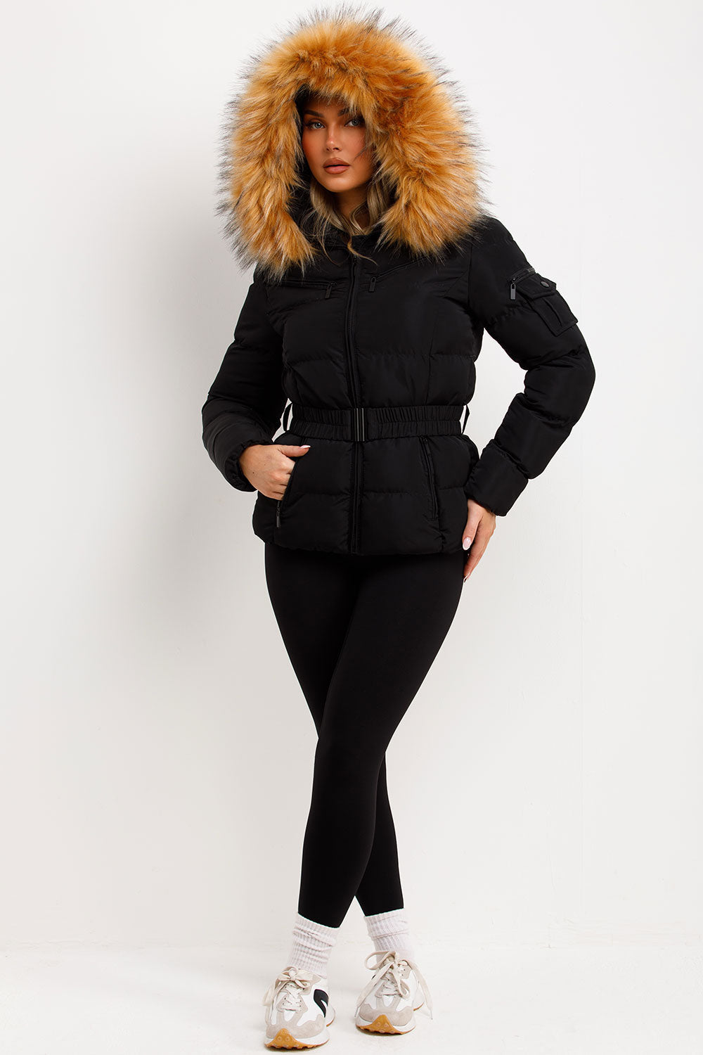 Faux Fur Hood Puffer Jacket With Belt Black