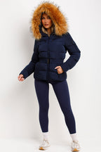 Navy Faux Fur Hooded Jacket With Belt