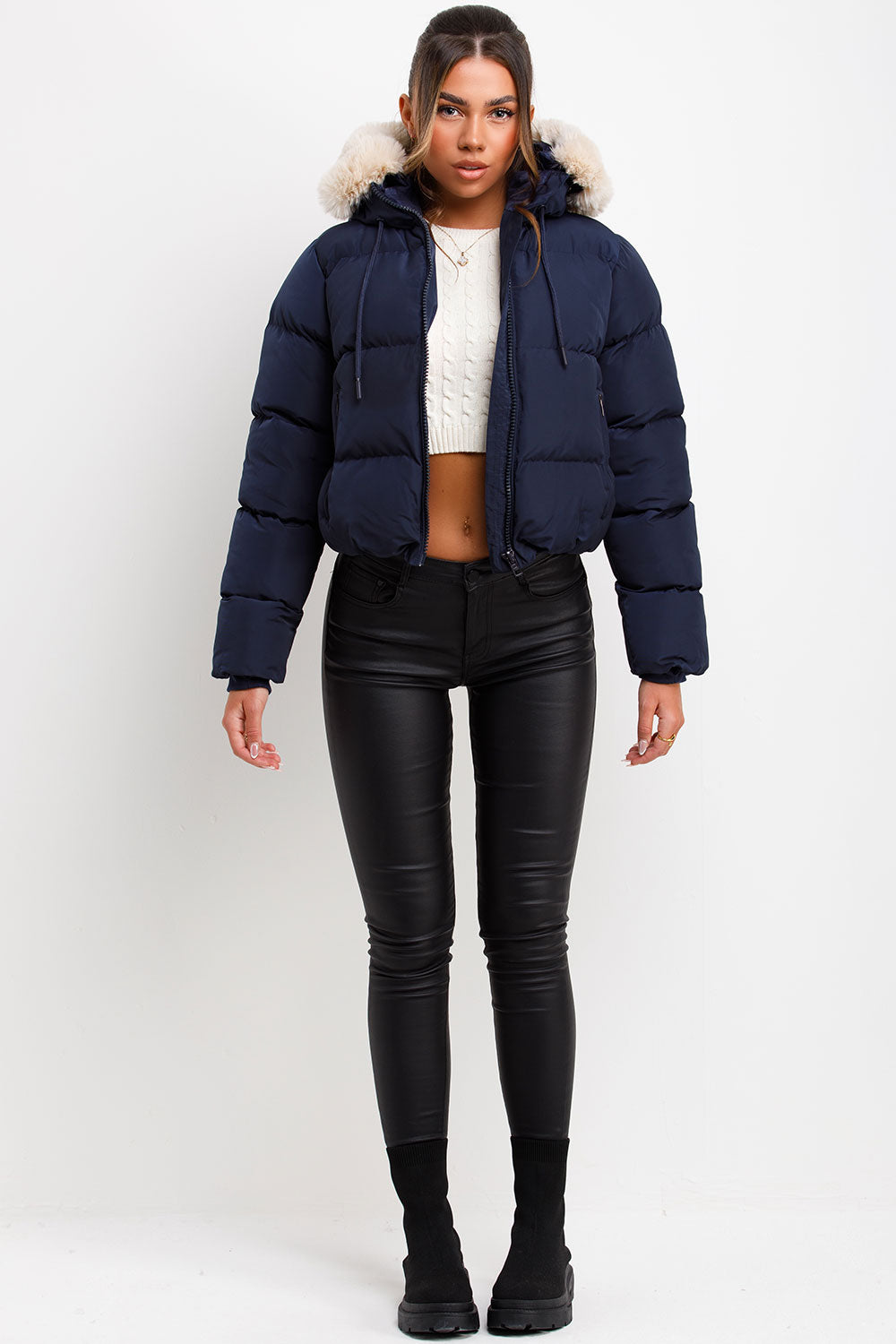 Puffer Jacket With Fur Hood Navy