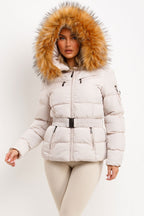 Faux Fur Hood Puffer Jacket With Belt Beige