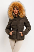 Faux Fur Hood Puffer Jacket With Belt Khaki