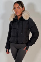 Puffer Jacket With Fur Hood Charcoal Grey