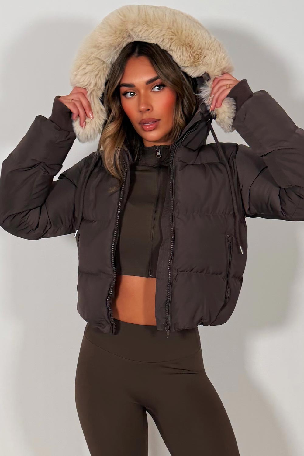 Brown Puffer Jacket With Fur Hood