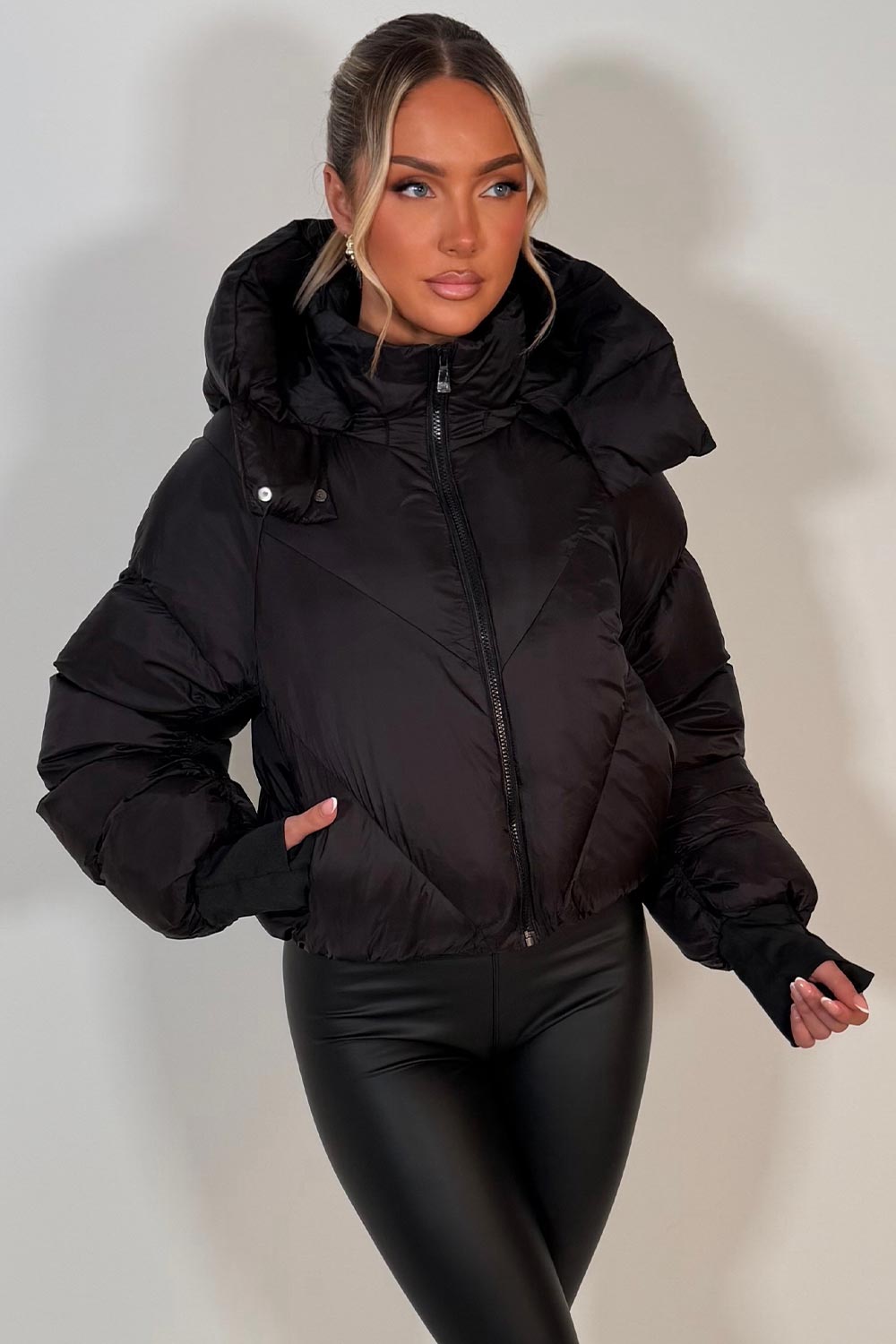 Black Puffer Padded Jacket With Hood