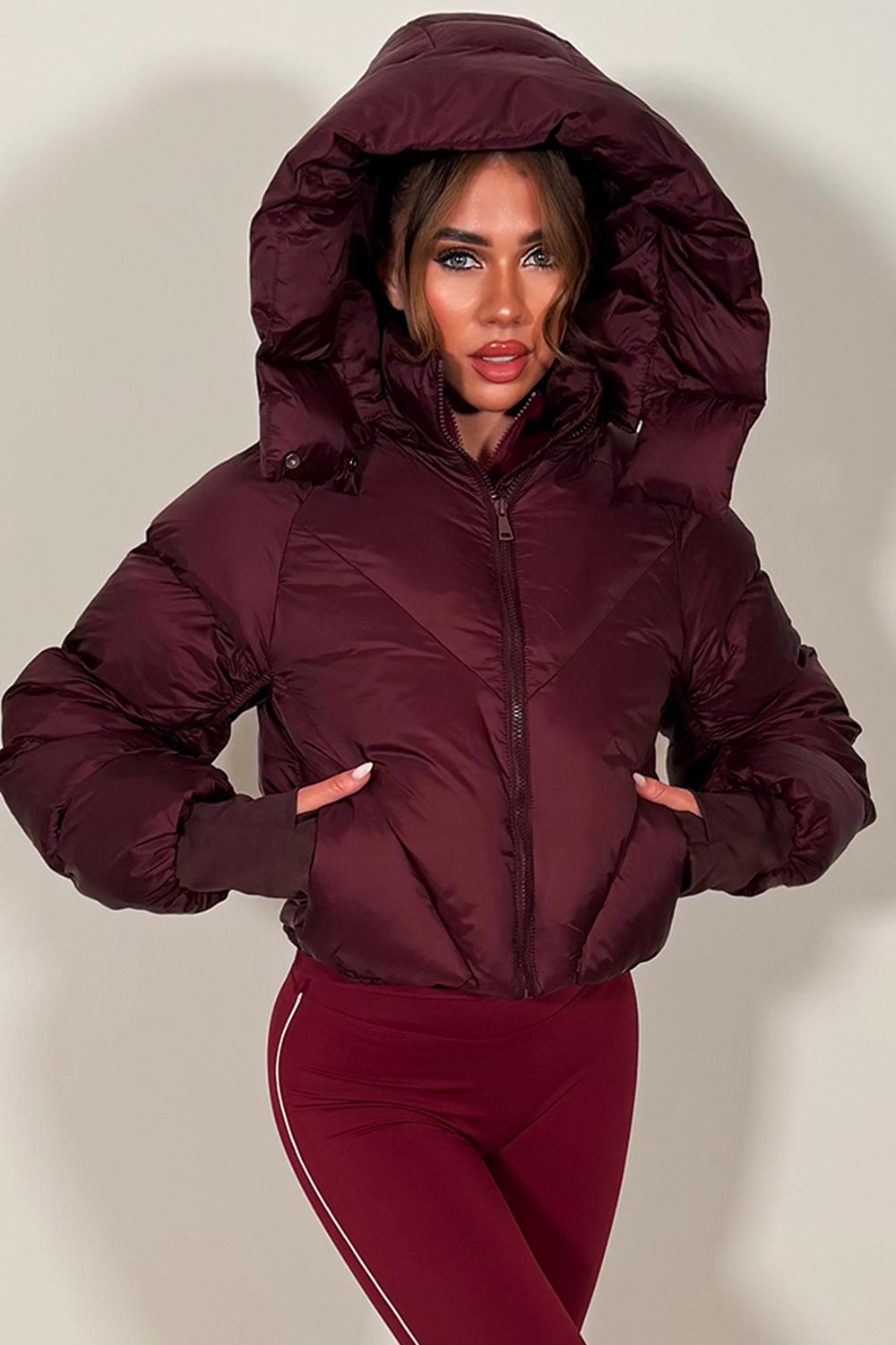 Burgundy Puffer Padded Jacket With Hood