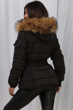 Faux Fur Hood Puffer Jacket With Belt Black