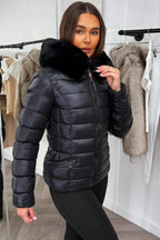 Black Shiny Puffer Jacket With Fur Hood