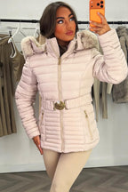 Puffer Jacket With Faux Fur Hood And Gold Belt Beige