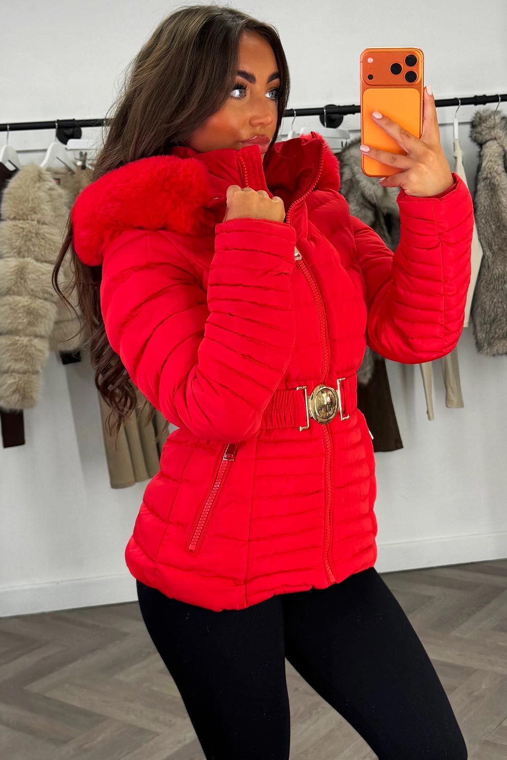 Red Puffer Jacket With Faux Fur Hood And Gold Belt