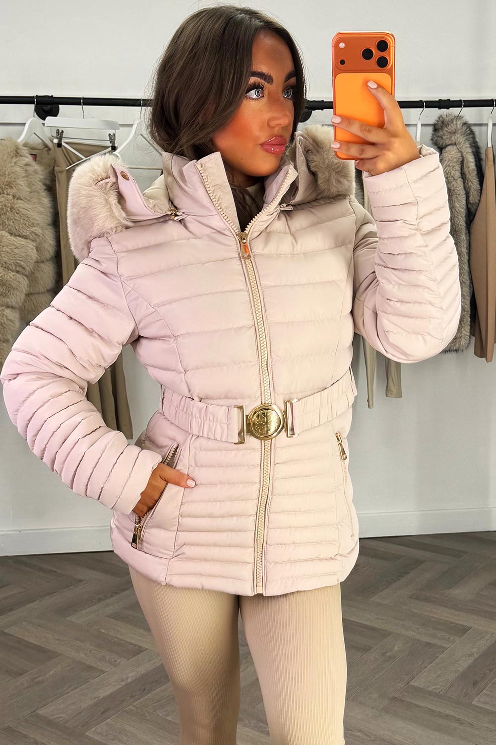 Puffer Jacket With Faux Fur Hood And Gold Belt Beige