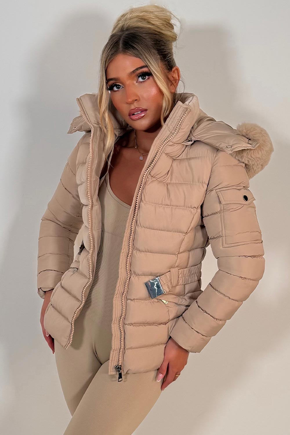 Puffer Padded Winter Jacket With Faux Fur Hood Beige