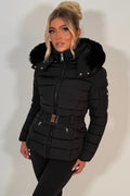 Black Puffer Padded Winter Jacket With Faux Fur Hood