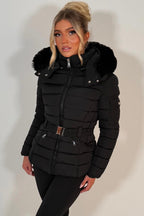 Black Puffer Padded Winter Jacket With Faux Fur Hood