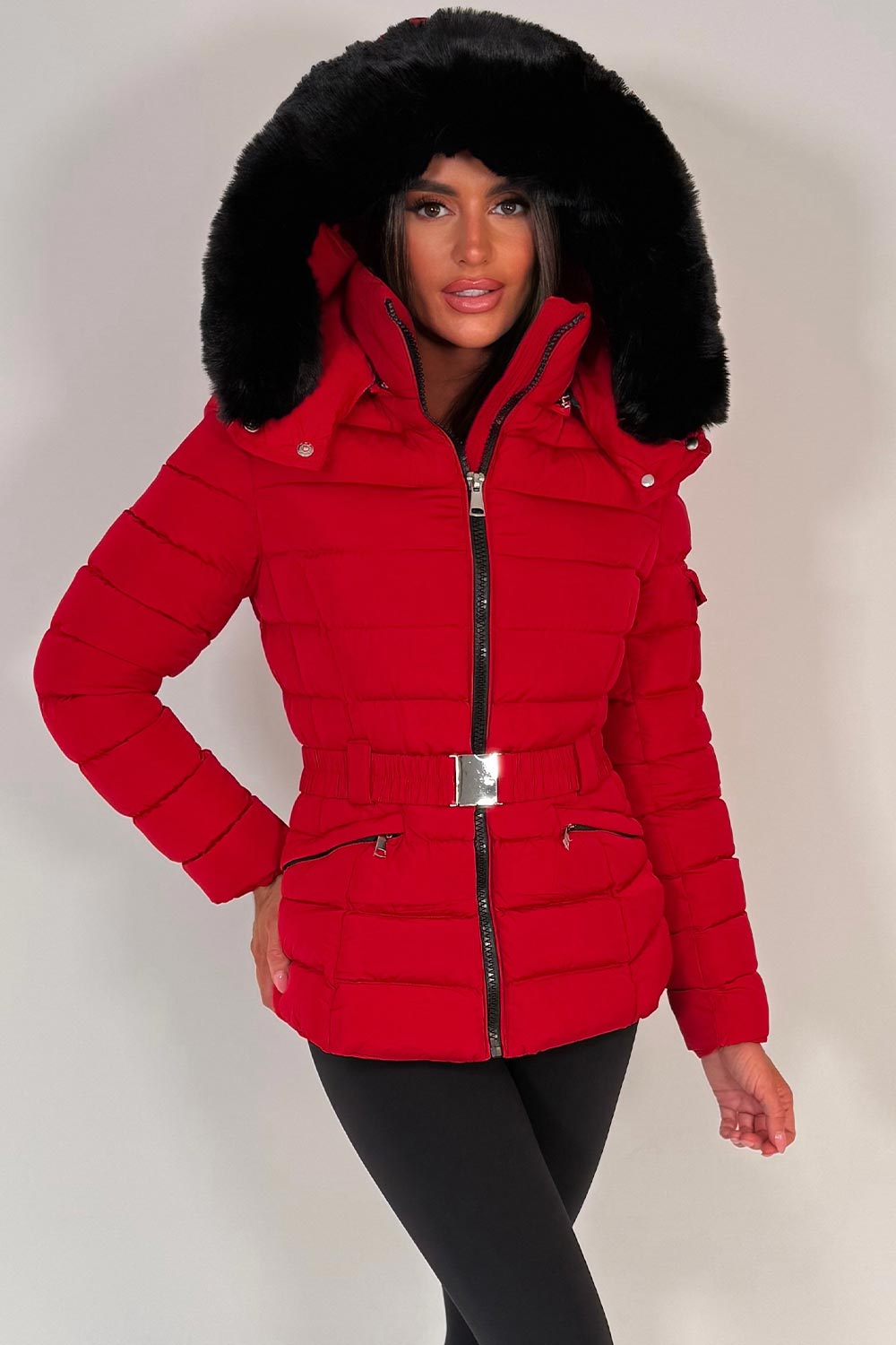 Puffer Padded Winter Jacket With Faux Fur Hood Red