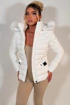 Puffer Padded Winter Jacket With Faux Fur Hood White