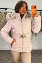Puffer Jacket With Faux Fur Hood And Gold Belt Beige