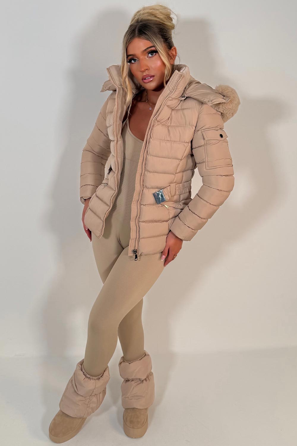 Puffer Padded Winter Jacket With Faux Fur Hood Beige