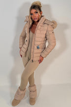 Puffer Padded Winter Jacket With Faux Fur Hood Beige