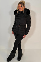 Black Puffer Padded Winter Jacket With Faux Fur Hood