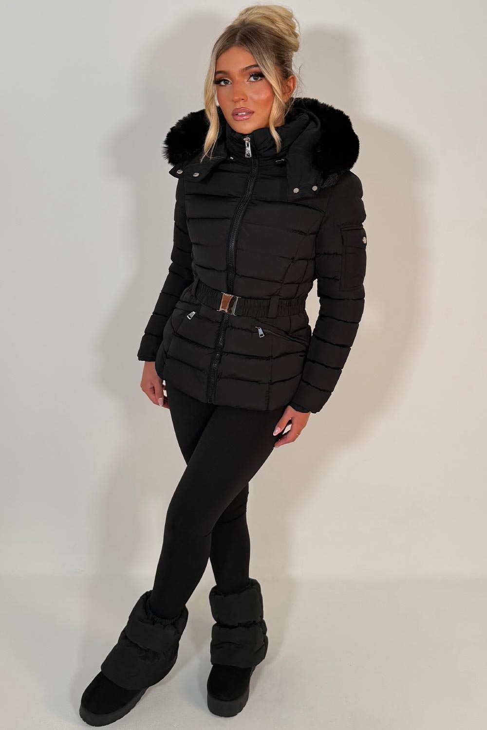 Black Puffer Padded Winter Jacket With Faux Fur Hood