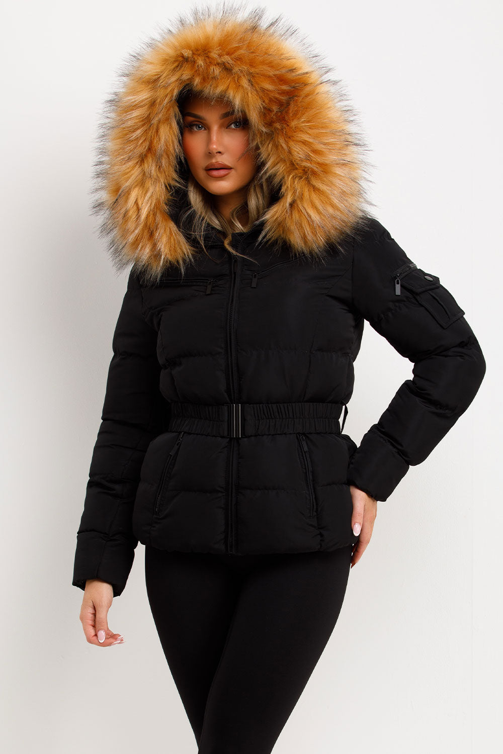 Faux Fur Hood Puffer Jacket With Belt Black
