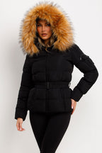 Faux Fur Hood Puffer Jacket With Belt Black