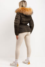 Faux Fur Hood Puffer Jacket With Belt Khaki
