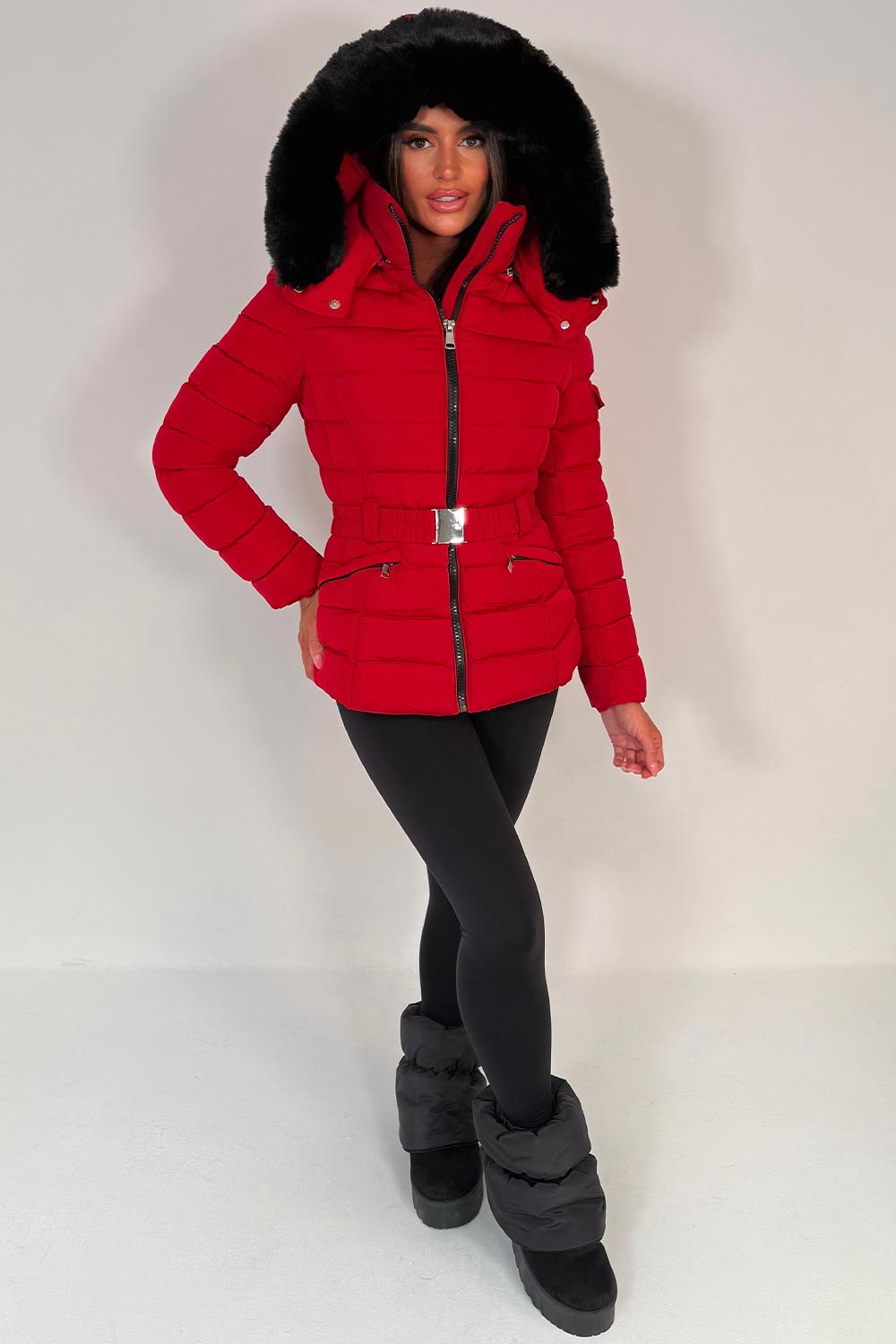 Puffer Padded Winter Jacket With Faux Fur Hood Red