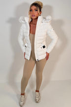 Puffer Padded Winter Jacket With Faux Fur Hood White
