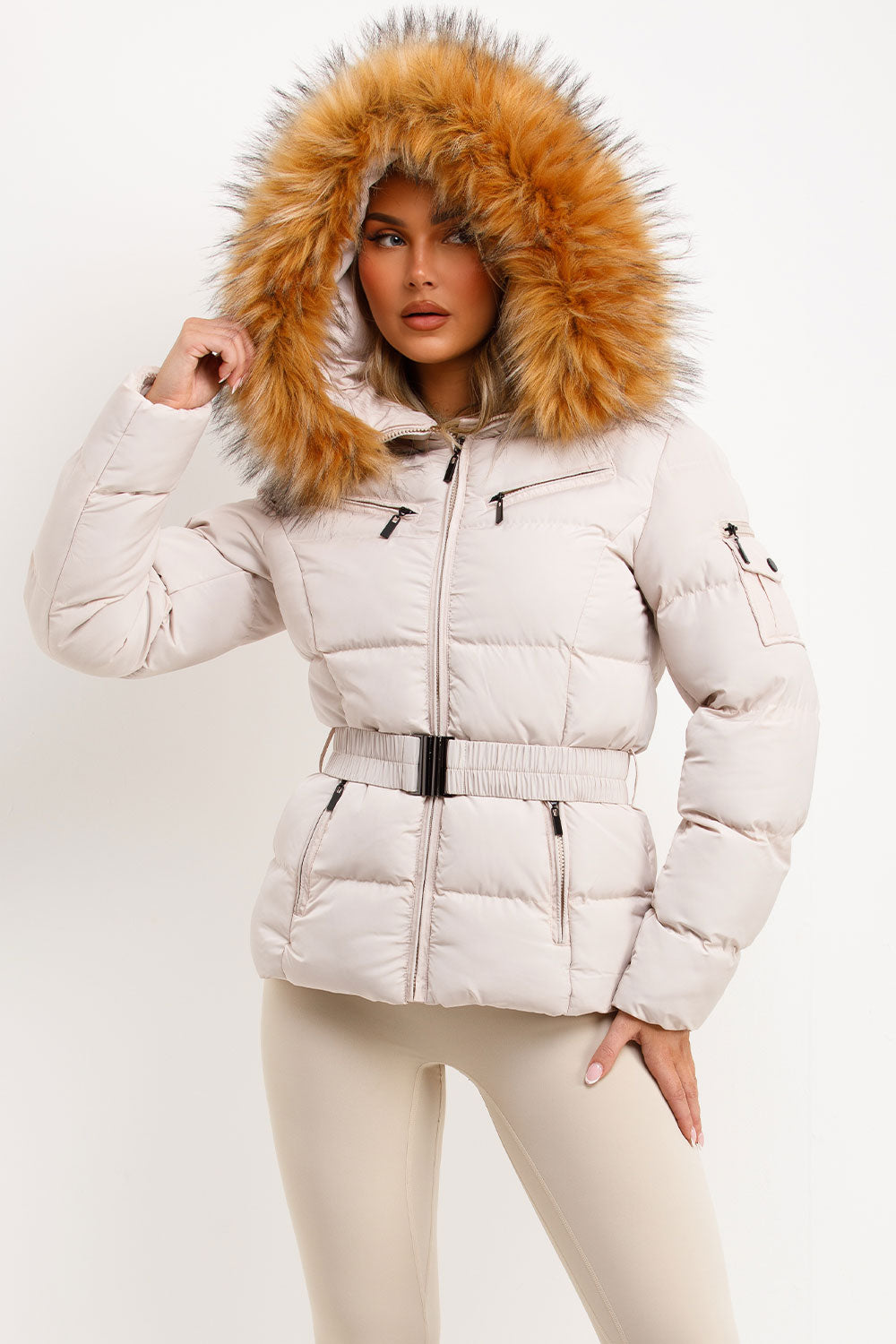Faux Fur Hood Puffer Jacket With Belt Beige