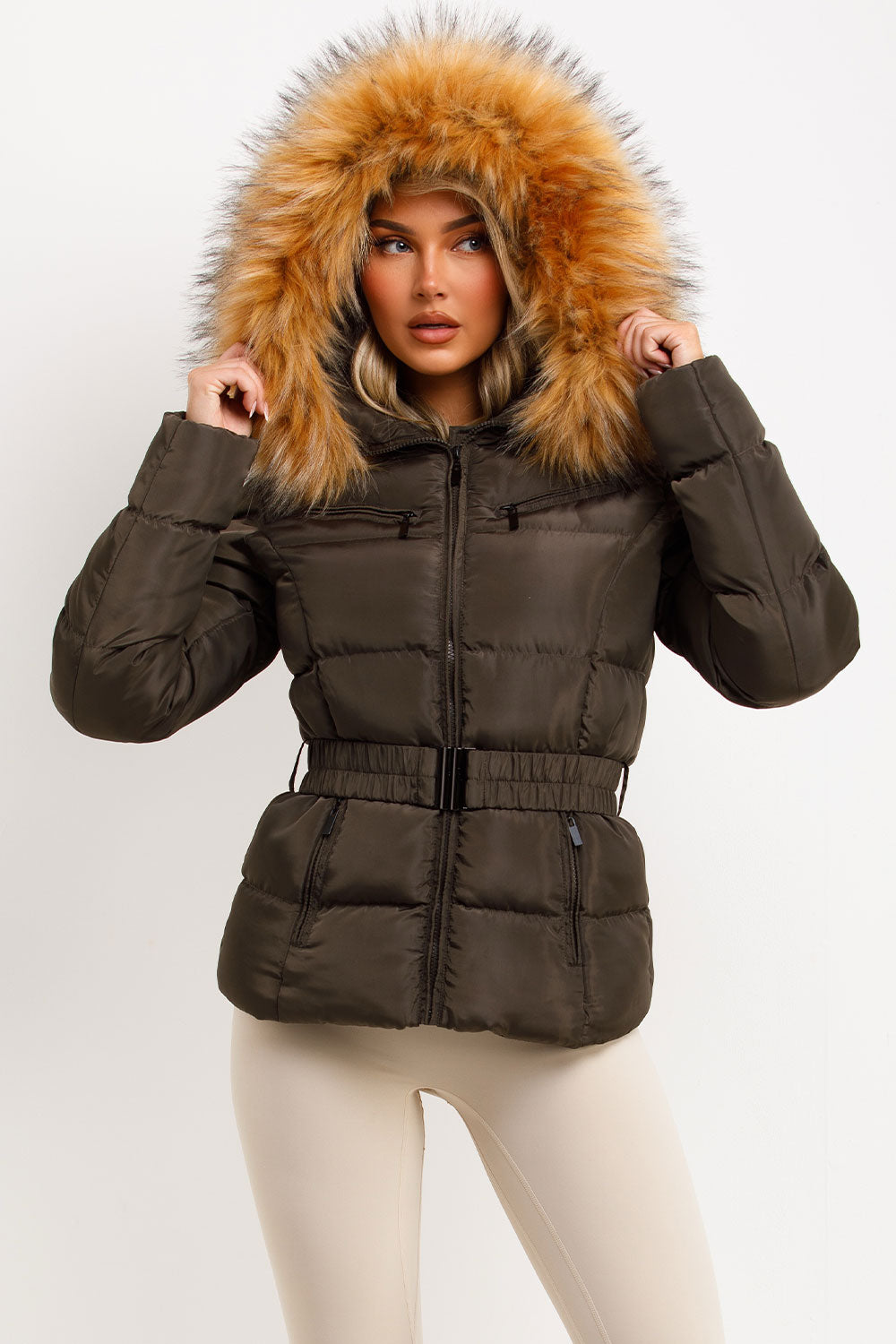 Faux Fur Hood Puffer Jacket With Belt Khaki